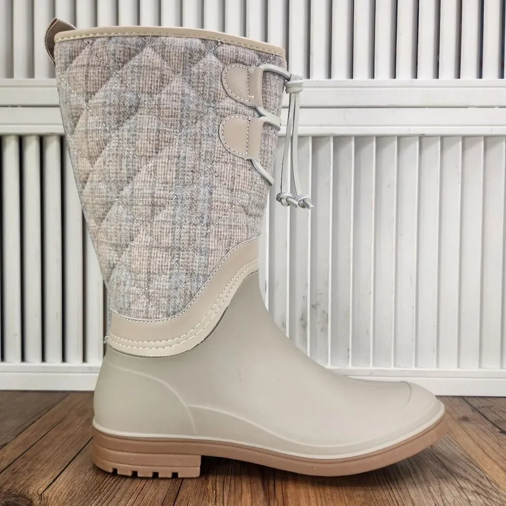 Kamik Abigail Oat Womens Size 6 Beige Plaid Quilted Rubber Waterproof Rain Boots